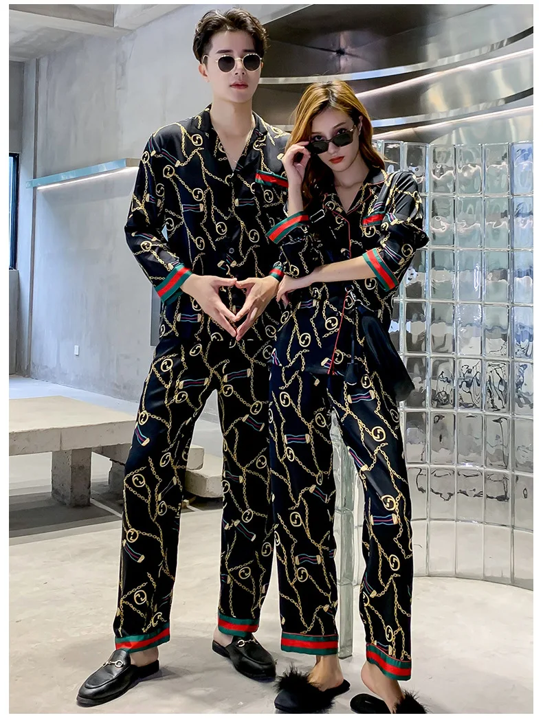 Spring 2021 Ice silk couple pajamas for women set web celebrity long sleeve simulation silk home suit summer 490730