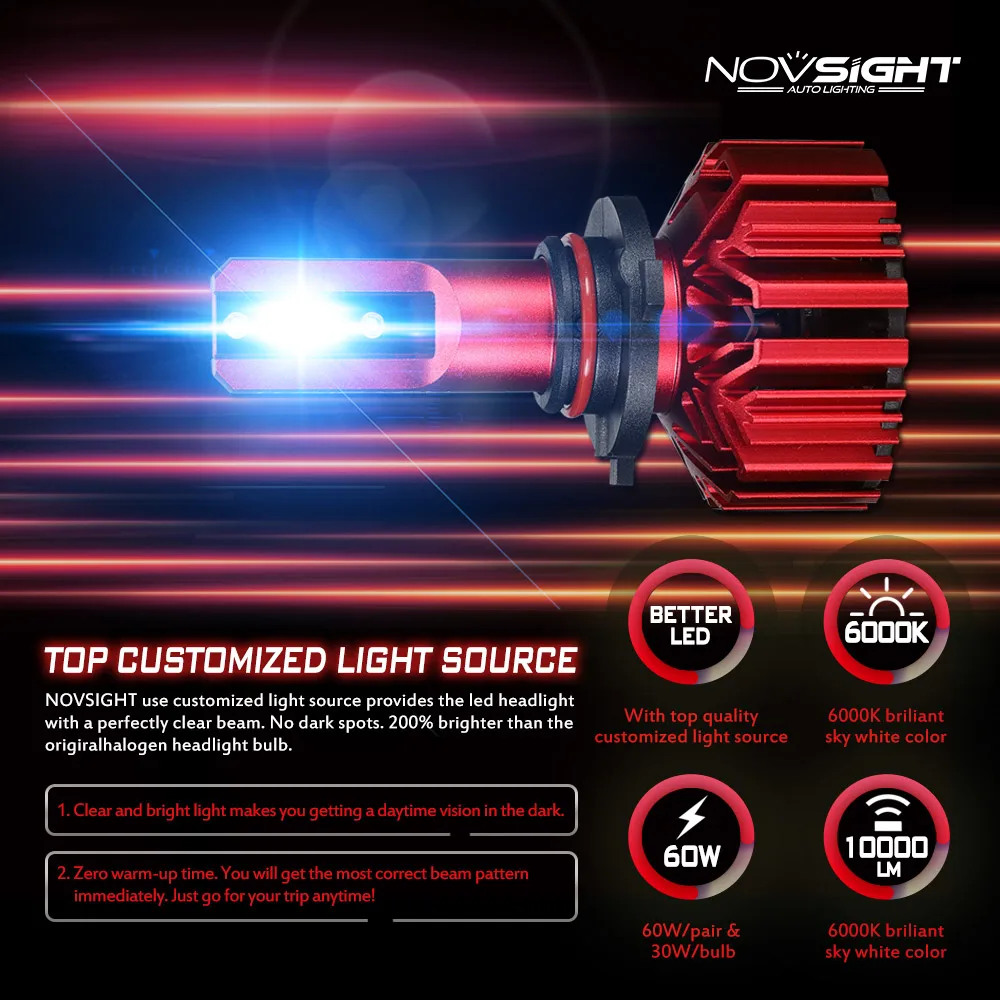 Лампы светодиодные NOVSIGHT H4 H7 H11 H1 H3 9005 9006 HB4 для автомобиля фары дальнего и ближнего