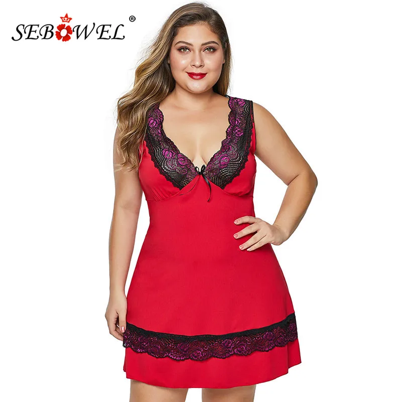SEBOWEL женский черный/красный размера плюс кружева Глубокий V Babydoll нижнее белье с