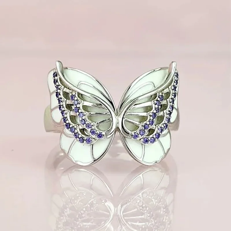 

Charm Female White Crystal Big Ring Charm Gold Color Color Wedding Rings For Women Trendy Rainbow Butterfly Engagement Ring