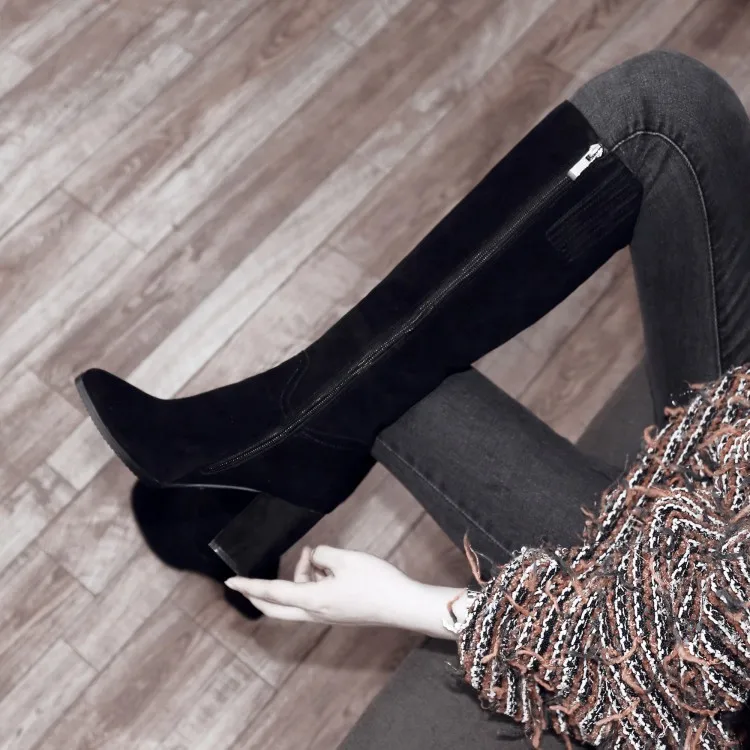 High Heel Shoes Brand Women Winter Boots Genuine Leather Knee Long Luxury Riding Chunky Autumn Equestrian Round Toe Suede