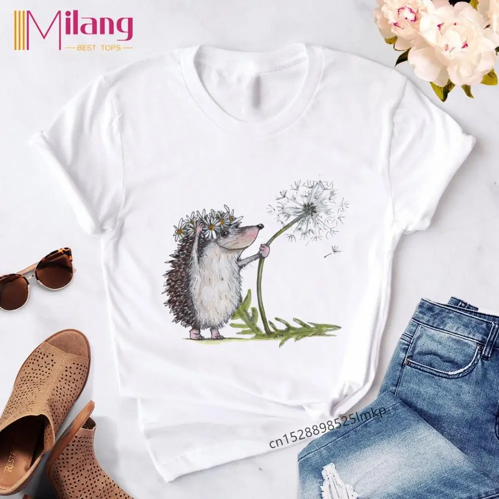 Женская футболка с принтом ежика и одуванчика свободная круглым вырезом Прямая