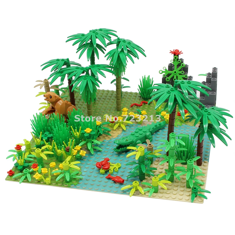 Горячий 2020 MOC дождь лес река блоки тропические леса с растениями и животными 32x32