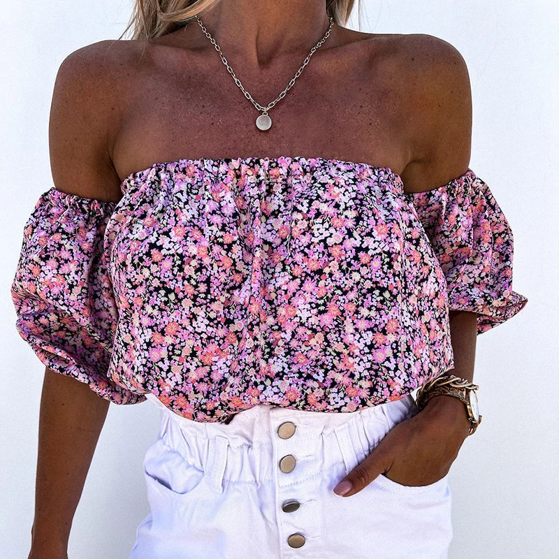 

Summer Women Slash Neck Lantern Sleeve Top Blouse Casual Loose Short Sleeve Pullover Shirts Fashion Backless Printing Streetwear