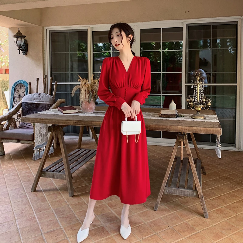 

CBAFU women v neck puff sleeve dress pearls long sleeve autumn spring elegant women dresses high quality party vestidos M085