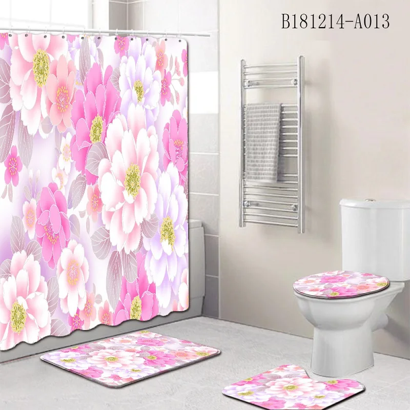 

Random Flower Pattern Delivery 4pc Set Printing Bathroom Waterproof Shower Curtain Set Toilet Cover Mat And Non-slip Mat 3pc Set