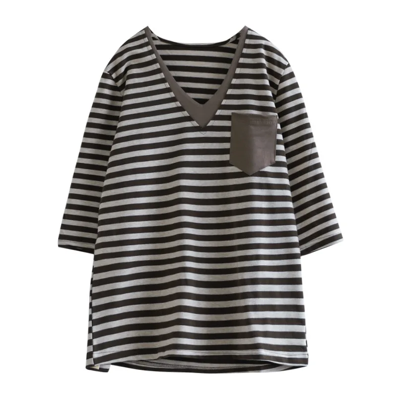 

Masss Wasss 2021 European Fashion Summer Women Black Striped V-Neck Tee Ladies Patchwork Short Sleeve Tshirts Loose Casual Tops