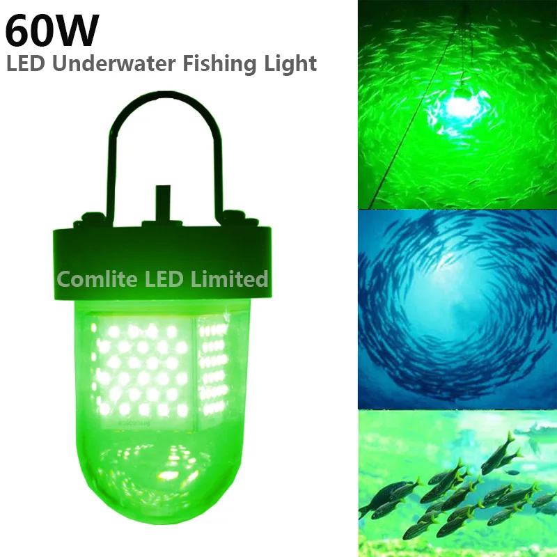 60W 12V-24V LED Green Underwater Submersible Night Fishing Light Crappie Squid Dock Lamp