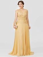 gold a line mother of the bride dress plus size elegant illusion neck sweep train chiffon beaded lace bridal party gown
