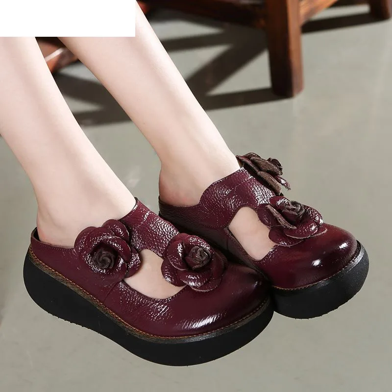 

BEYARNE Summer Genuine Leather Slippers Handmade Shoes Flower Slides Flip Flops Platform Clogs For Women Slippers