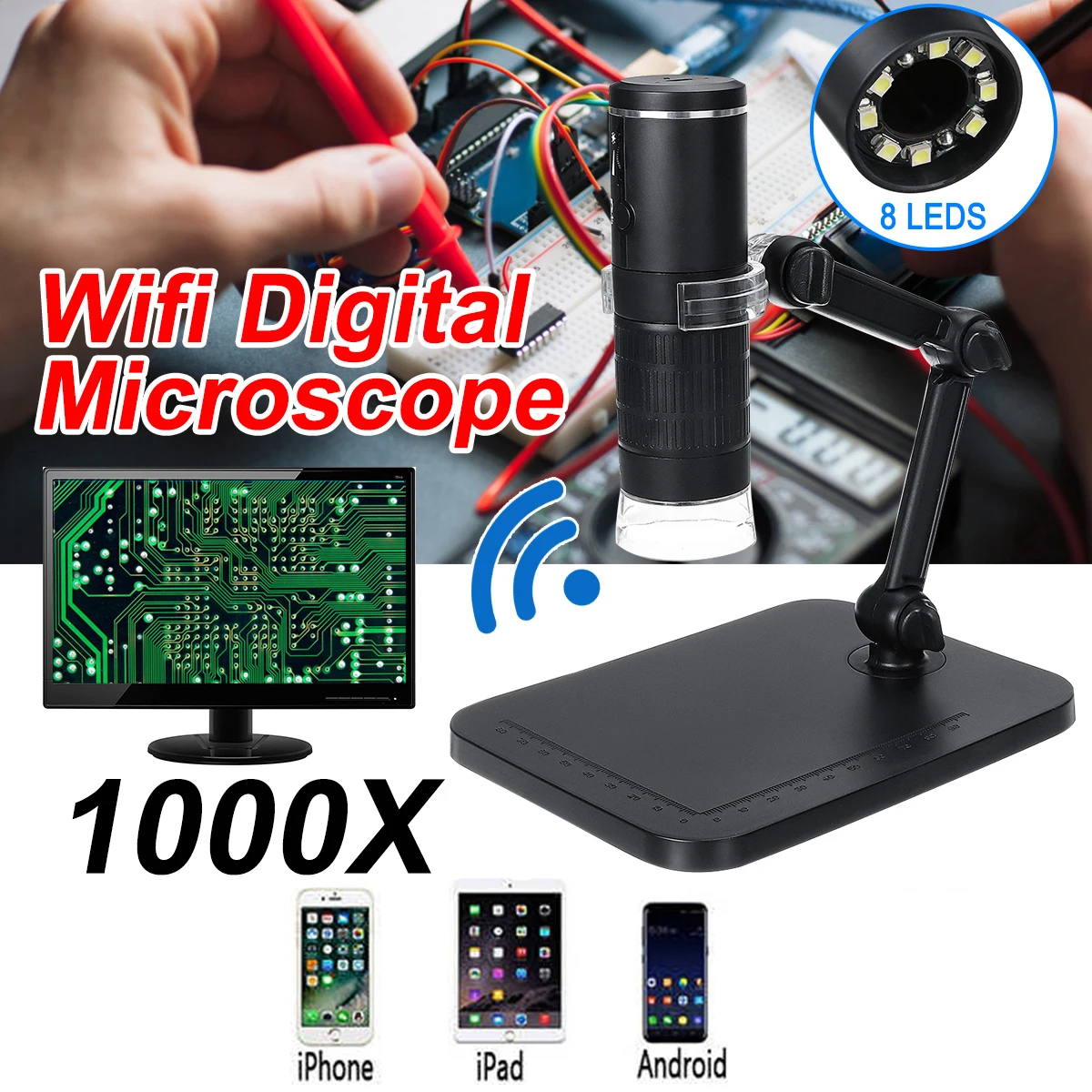 Цифровой микроскоп 2 МП Full HD 1080P Wi Fi USB увеличение 1000x8 светодиодный светодиодная
