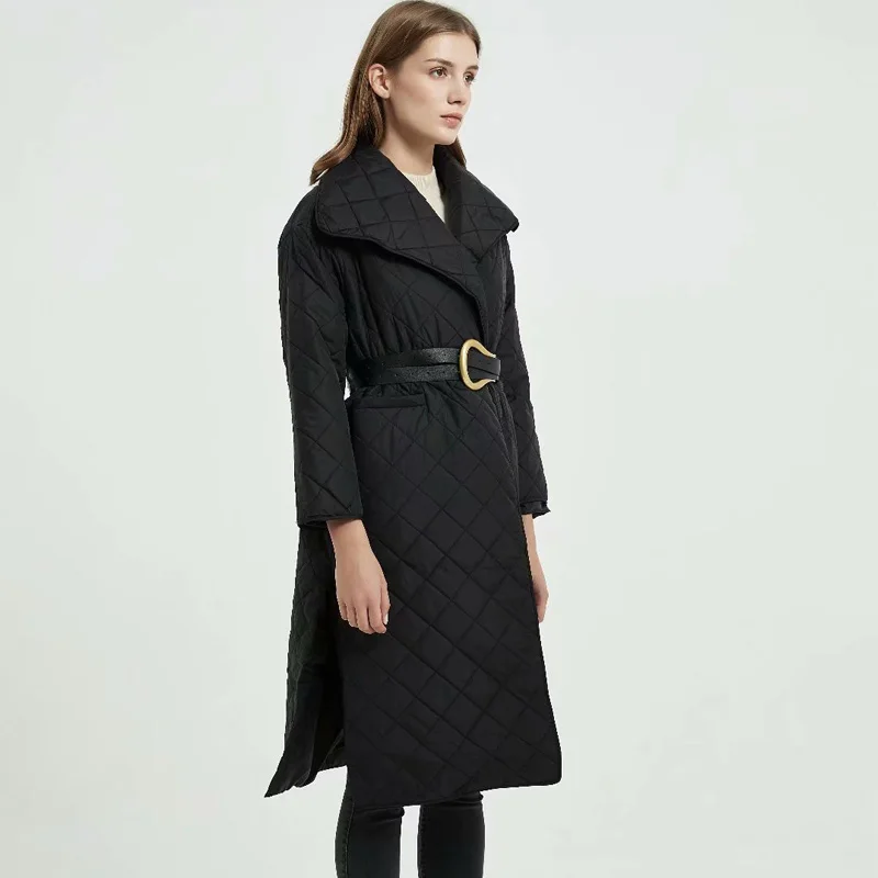 

2020 New Winter Jacket Women Fashion With Belt Warm Parkas Coat Vintage Black Long Sleeve Pockets Women's Clothing Outerwear Top