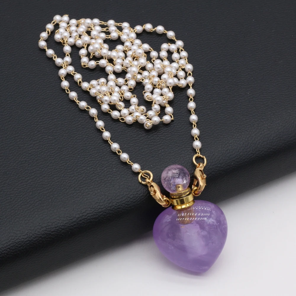 

Natural Heart Shape Amethysts Stone Perfume Bottle Necklace Pendant Two Glasses Pearl Chain For Women Gift Size 20x36mm 80CM
