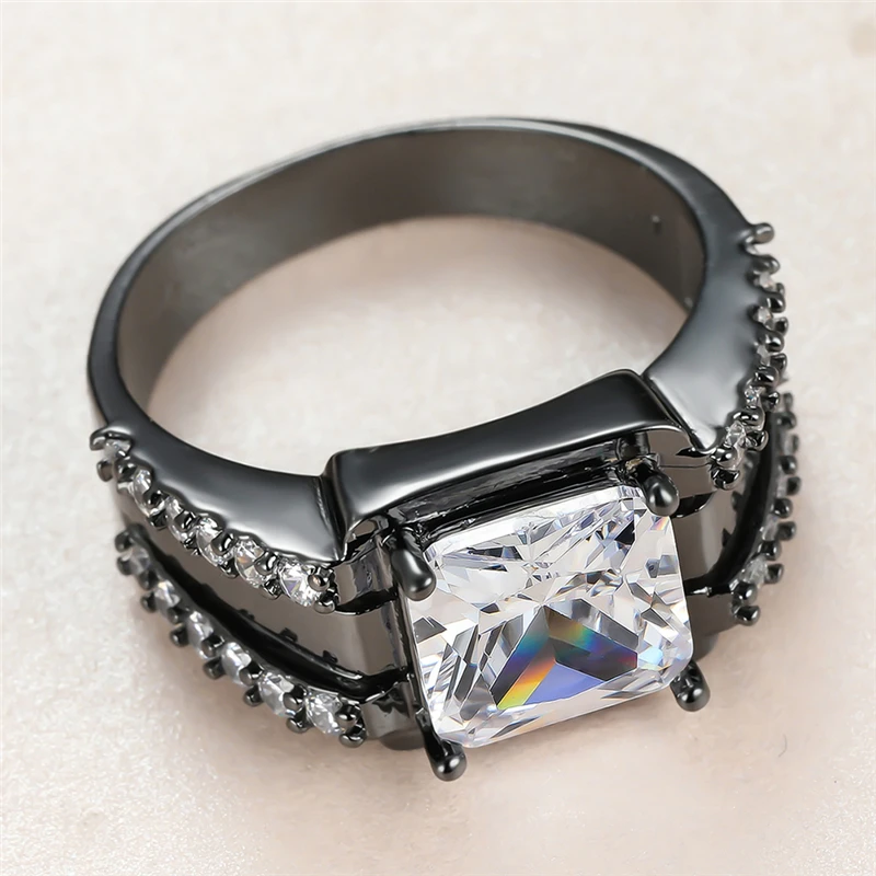 

Vintage Male Female White Crystal Stone Rings Charm Black Gold Wedding Rings For Women Punk Bride Square Zircon Engagement Ring