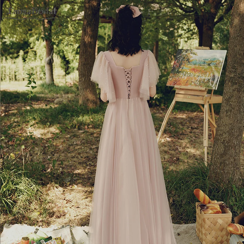 

Long Bridesmaid Dresses Tulle Skirts Elegant Long Formal Gowns Lace Up Maid Of Honor Dress Wedding Party Gown DB034