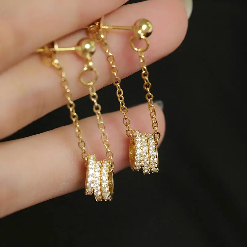 Серьги из стерлингового серебра 925 пробы, модные изысканные цирконы, 3 кольца, цепные длинные серьги, милая индивидуальность, женские серебряные серьги, ювелирные изделия