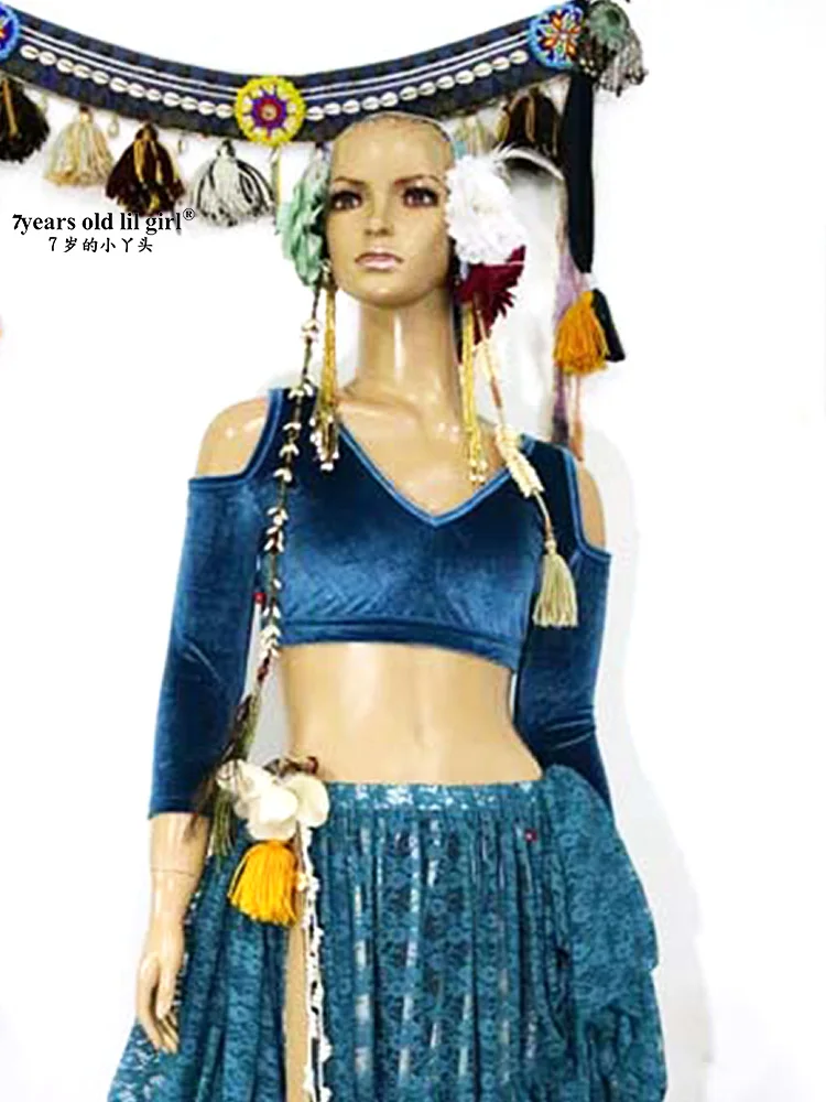 Бархатные толстый шанс Племенной чоли для танца живота падения с длинным рукавом