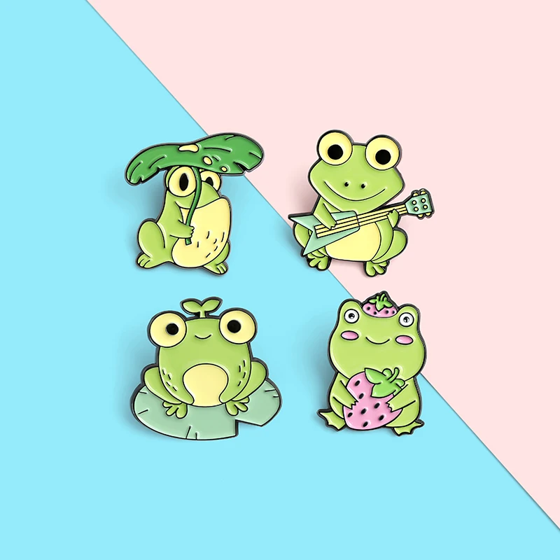 

Cute Frog with Big Eyes Enamel Pin Guitar Strawberry Lotus Leaf Lapel Badges Cartoon Pins Gifts for Friends Jewelry Wholesale