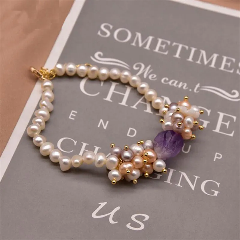 

Original Design White Fresh Water Baroque Pearl Purple Stone Charms Bracelet For Women Anniversary Luxury Jewelry Accessories