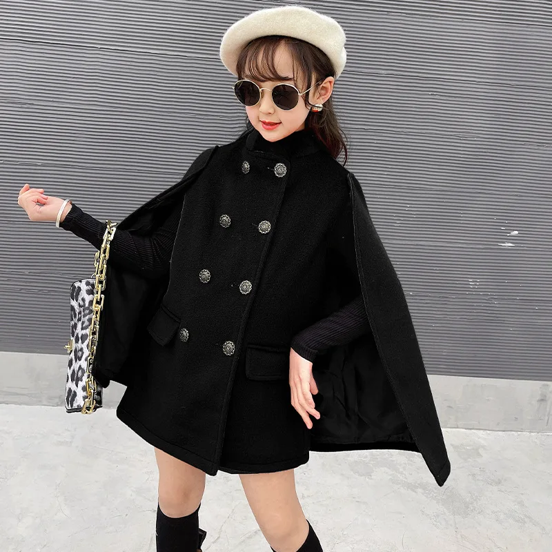 

Luxury Design Black Winter Autumn Woolen Coat Girls Kids Thicken Outerwear Teenage Top Evening Party Children's Clothing