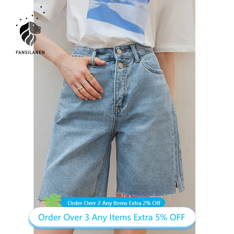 

FANSILANEN Office Lady Straight Denim Shorts Women Summer Thin A-line Shorts Five-point High-Waisted Wide-Leg Women Pants