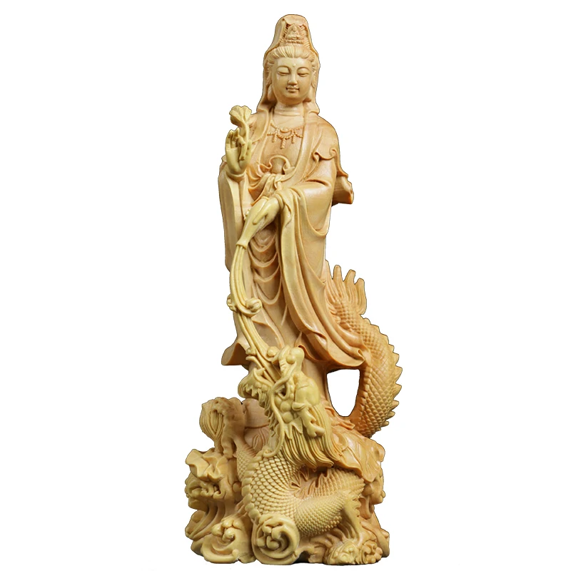 

Скульптура Гуаньинь из бокса, резьба по дереву, статуя Будды, поклонение Гуань Инь, дракон, гостиная, домашний декор, аксессуары, статуэтки C99