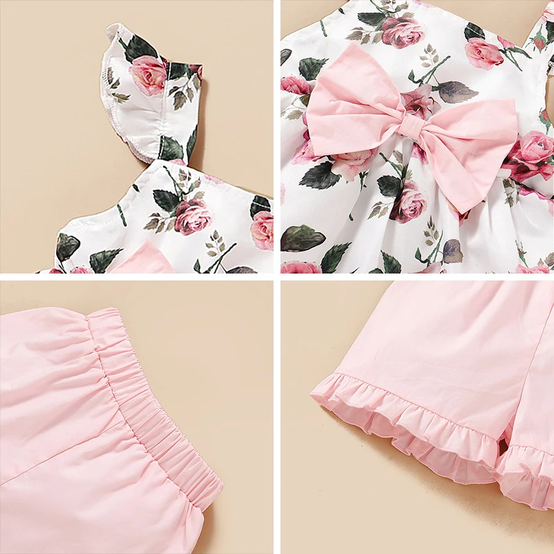 

Child's Fashion Newborn Clothes New Summer Toddler Baby Flowers Vest and Shorts with Handband Girls Bow-knot Outfits 1-4Y