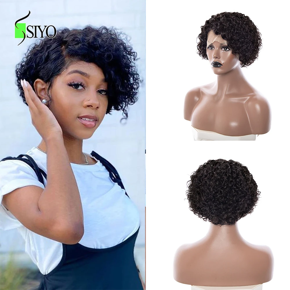 Siyo Malaysian Water Wave Human Hair Wigs 13x4x1 Lace Closure for Black Women Short Curly Bob Pre Pluck Pixie Cut Wig | Шиньоны и