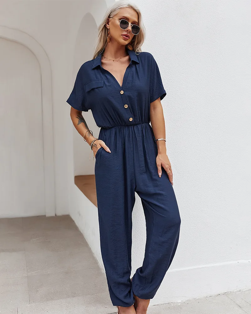 Women Playsuit 2021 Fashion Lapel Jumpsuits Casual Solid Pockets Rompers Short Sleeve Belted Buttons Trousers Playsuits Mujer