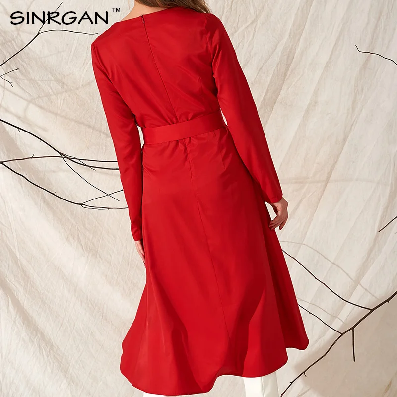 SINRGAN Red Festive New Year Chilli Color Midi Dress Women Spring V Neck Christmas Holiday Long Dresses Female with Belt |
