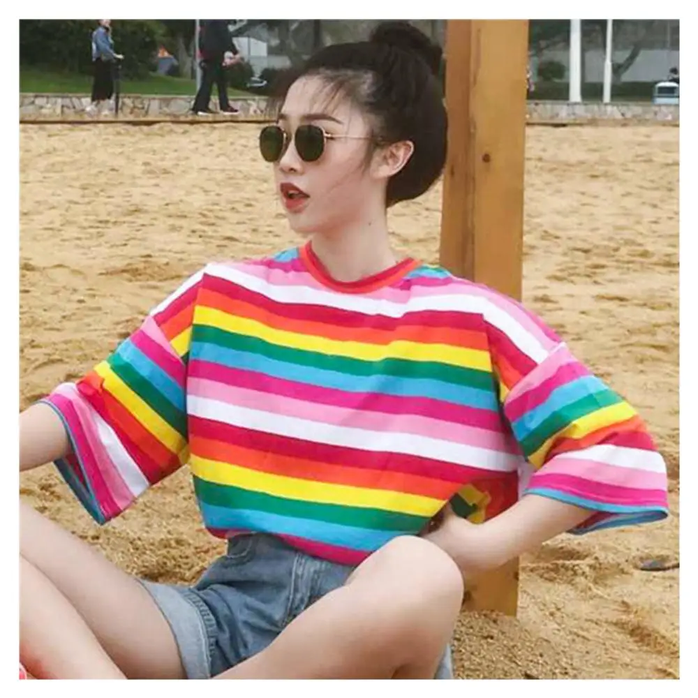 Горячая Футболка женская Радужная полосатая футболка 2019 летняя Корейская