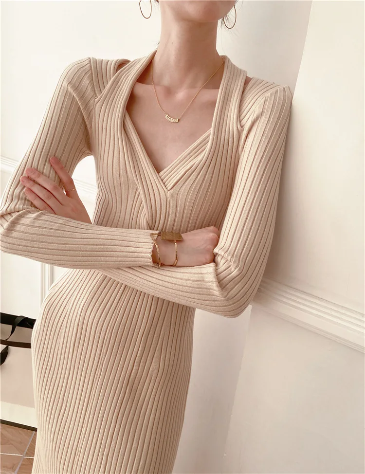 

2021 Women Fall Winter Soild Knitting Dress Sexy V-neck Slim Strapless Slit Over The Knee Mid-length Dress Woman Sexy Clothing