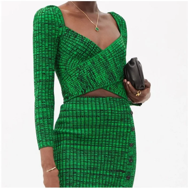 

2021NEW Spring/Summer Green Cross Ribbed Knit Short Stretch Ladies Top, Sexy Slim High Waist V-neck Ladies Long Sleeve Vest