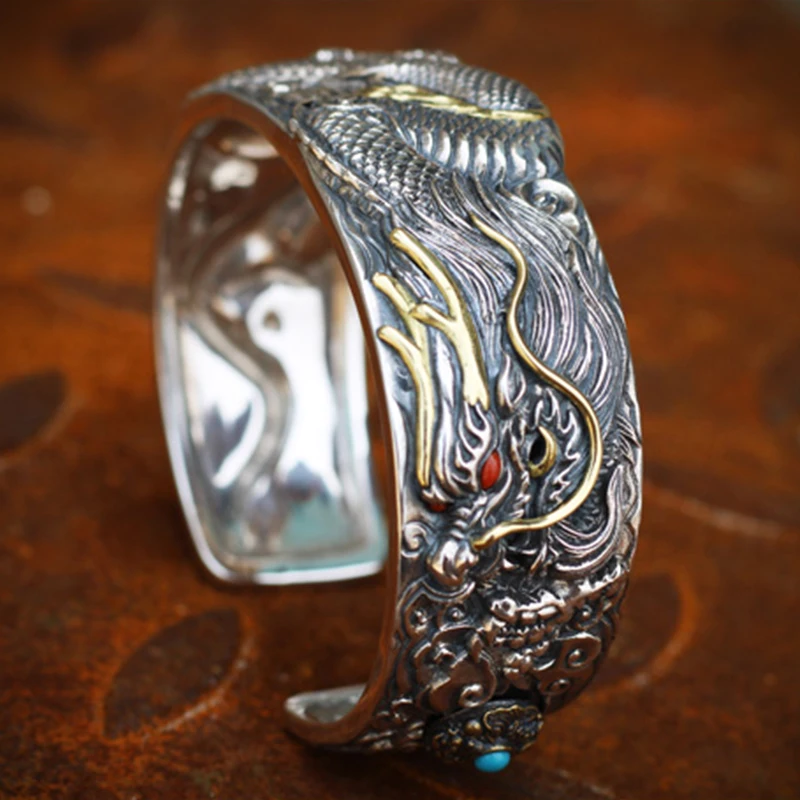 

New Original Design Dragon Silver Bracelet Male Vintage Crude Hand-carved Domineering Personality Trend Amulet Accessory