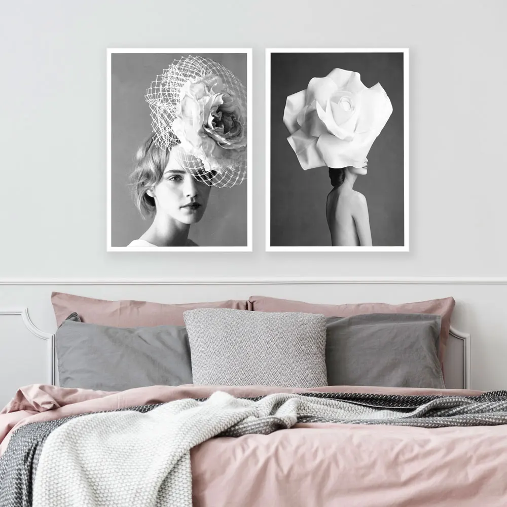 Плакаты и принты портрет черной белой цветочной девушки современная настенная