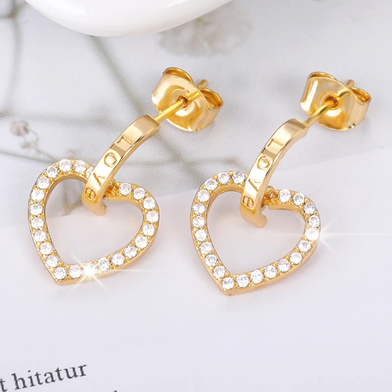 

Cute Korean Heart Hanging Earrings 2021 Trend Zircon Stone Gold Woman Earring Fashion Sweet Jewelry New Accessories Gift