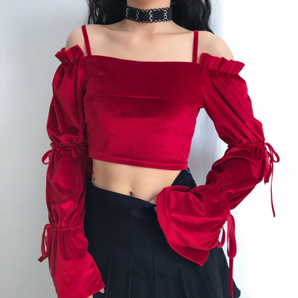 Женская футболка модная с длинным рукавом без бретелек бархатная бандажная для