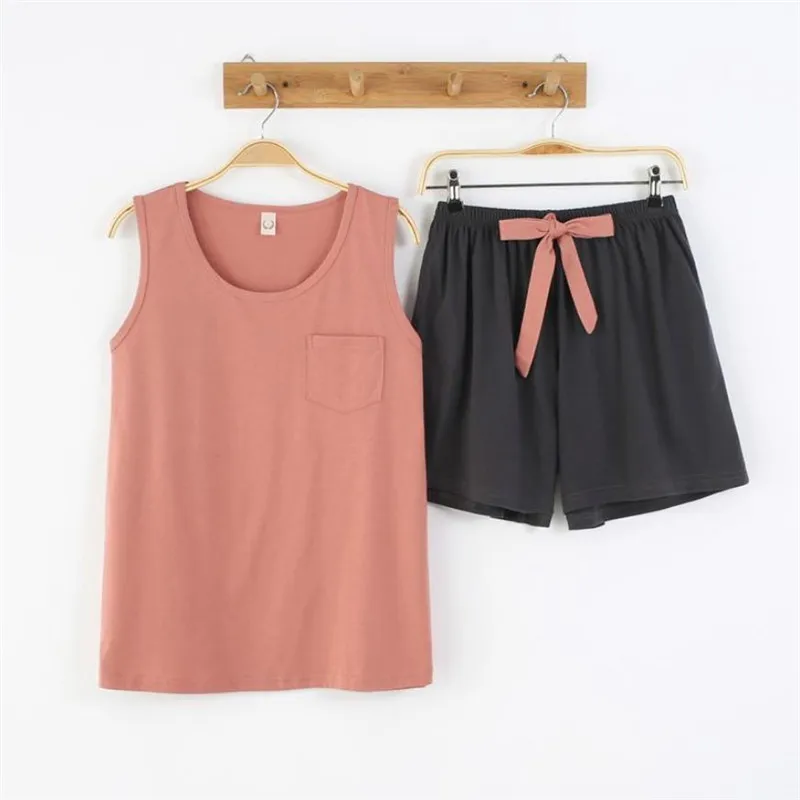 

Summer Cotton Women Pajamas Cozy Thin Sleeveless Tank Tops With Shorts Homewear Solid Plus Size Pijama Laides Leisure Suits