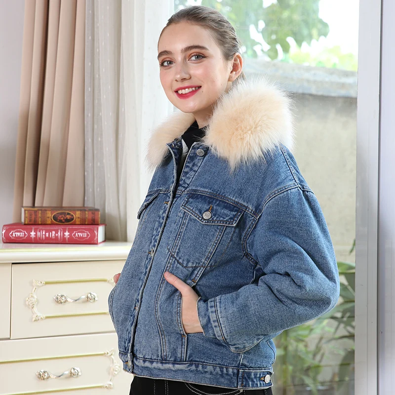 Женская теплая джинсовая куртка LEIJIJEANS, повседневная куртка с большим меховым воротником, новая модная модель большого размера с начесом на зиму - Цвет: blue 9227R