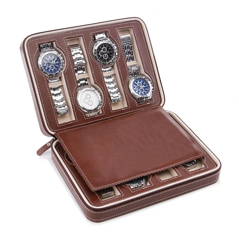 New  Arrival  8 Grids Leather Watch Box Luxury Zipper style for travelling storage Jewelry Watch Collector Cases Organizer Box