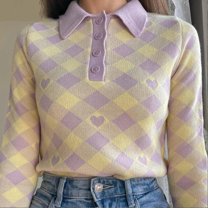 

Women's turtleneck y2k cute knit crop tops long sleeve lattice Heart Splice button Blouse Winter College style Women's sweater