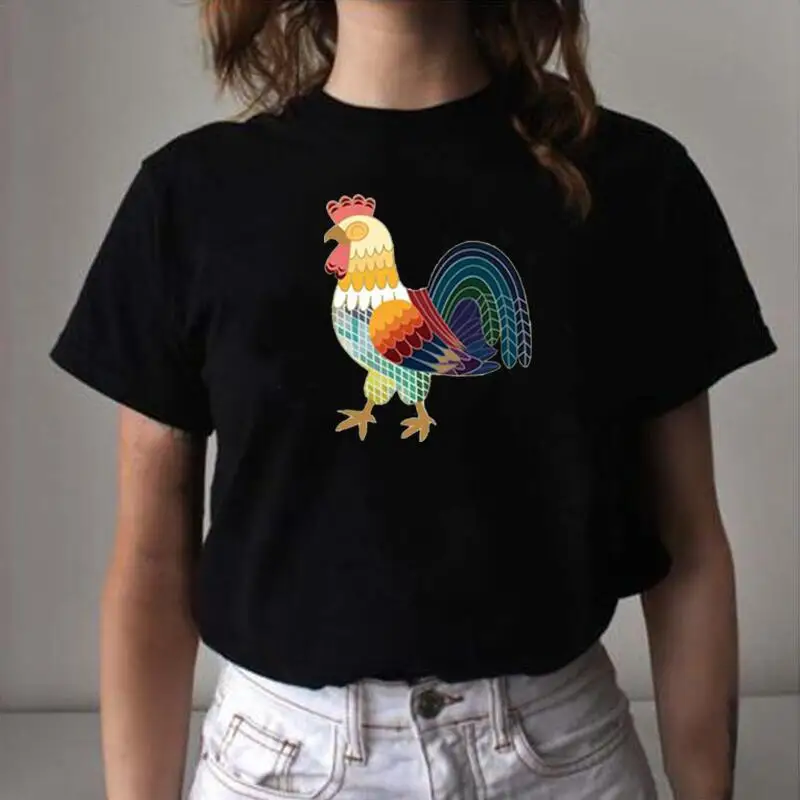 

Летняя женская футболка, Модная красочная футболка с принтом петуха и животных для влюбленных, женские топы, хлопковая Повседневная футбол...