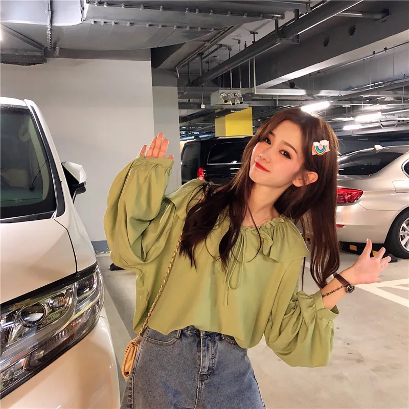 Новые осенние милые женские рубашки с оборками свободная Студенческая блузка