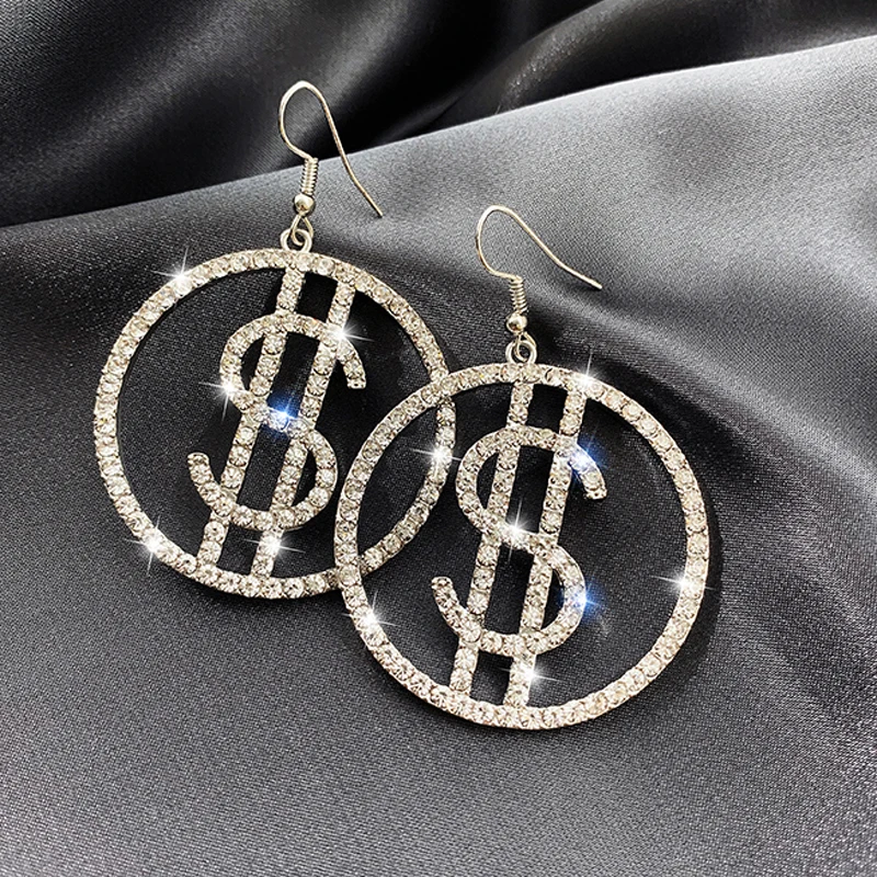 Уникальный дизайн доллар США Деньги $ падение кристалл серьги для женщин круглые