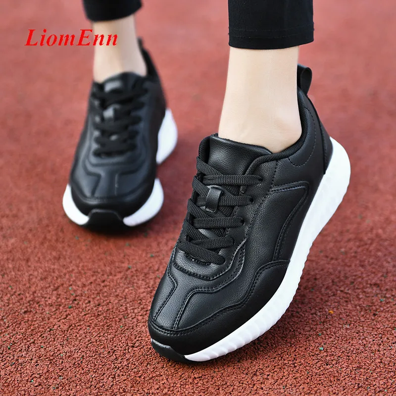 

Black Sneakers Women Chunky sneakers 2021 Leather Running sports shoes Tennis female Trainers Light flat vulcanize basket femme