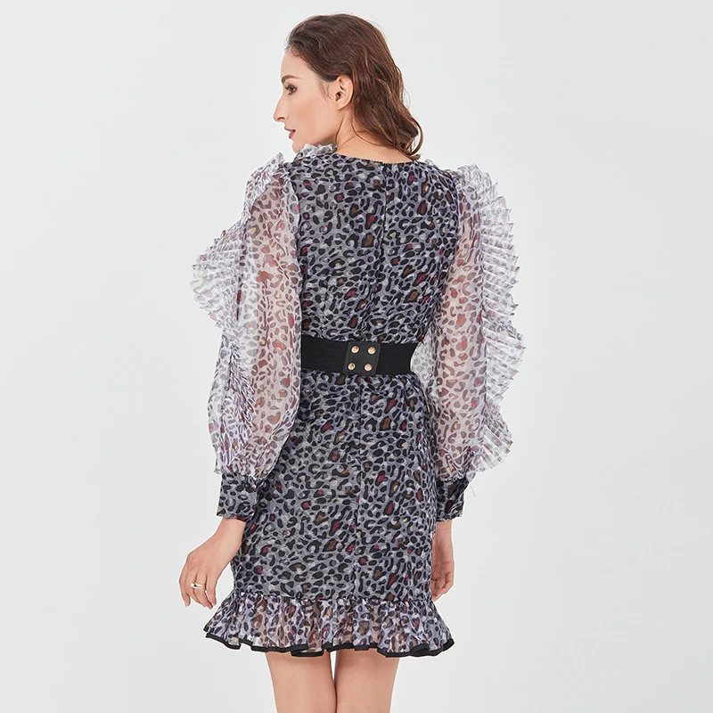 

TWTOWINSTYLE Leopard Print Dress For Women V Neck Lantern Long Sleeve High Waist Lace Up Hit Color Ruffles Dresses Female 2021