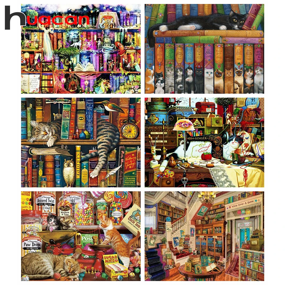 

Huacan DIY Diamond Painting 5D House Bookshelf Full Square Drill Diamond Embroidery Sale Cat Needlework Craft Kit Home Decor