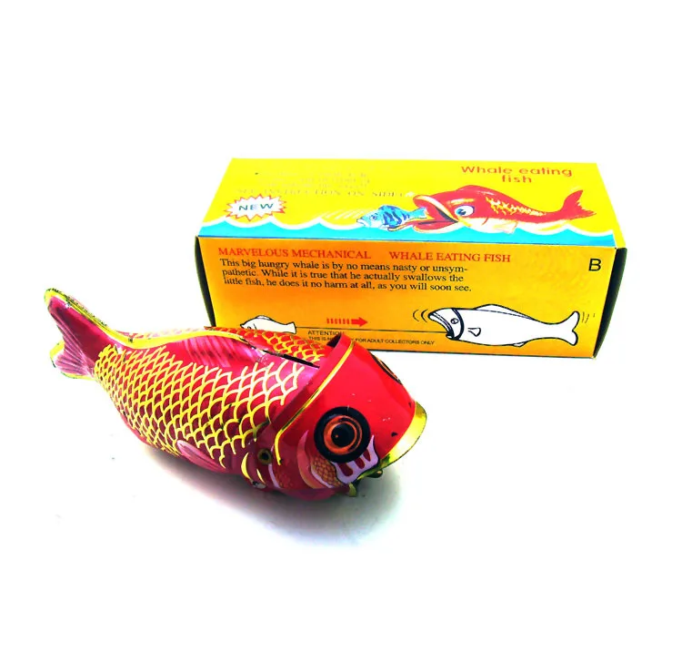 

[Funny] Adult Collection Retro Wind up toy Metal Tin whale eating fish Big fish eat little fish Clockwork toy figure vintage toy