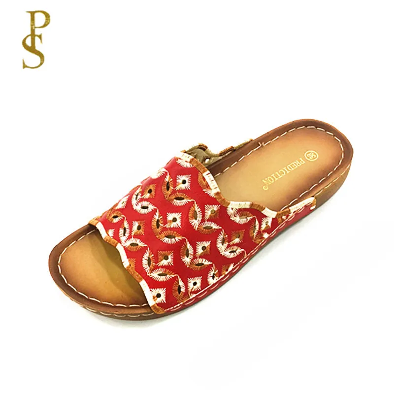 Летние туфли на плоской подошве тапочки с вышивкой ПУ подошва удобные женские