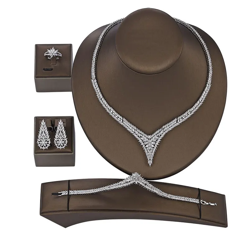 

New Dubai Africa Luxury White Color Wedding Bride Female Party AAA Zircon 4 Piece Jewelry Set Woman Jewelry